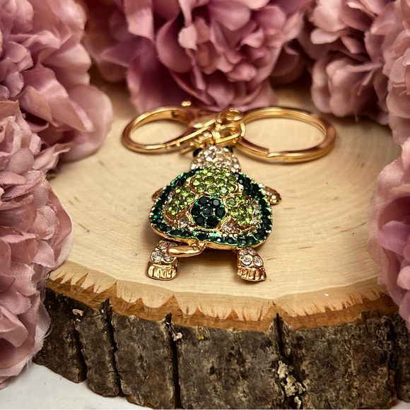 Green and Silver Crystal Turtle Keychain Charm - Picture 8 of 16